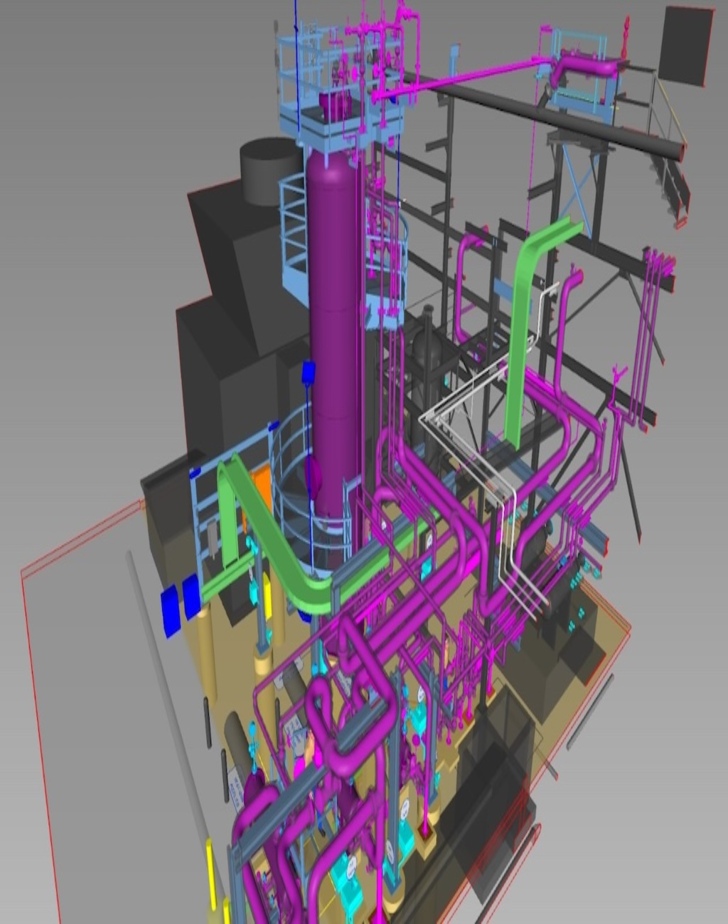 A person's hands operating a computer, displaying a detailed 3D model of a complex piping system in a CAD software